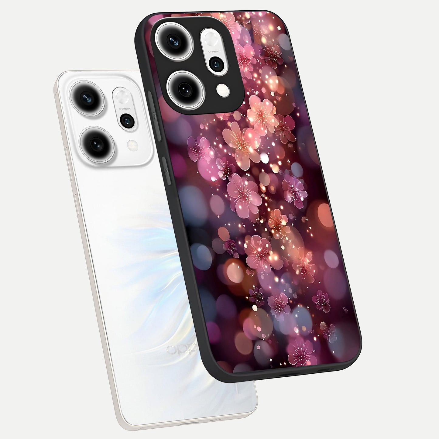  Glowing Petal Bliss phone case For Oppo Reno 14 Pro showing premium glass back cover with detailed artwork