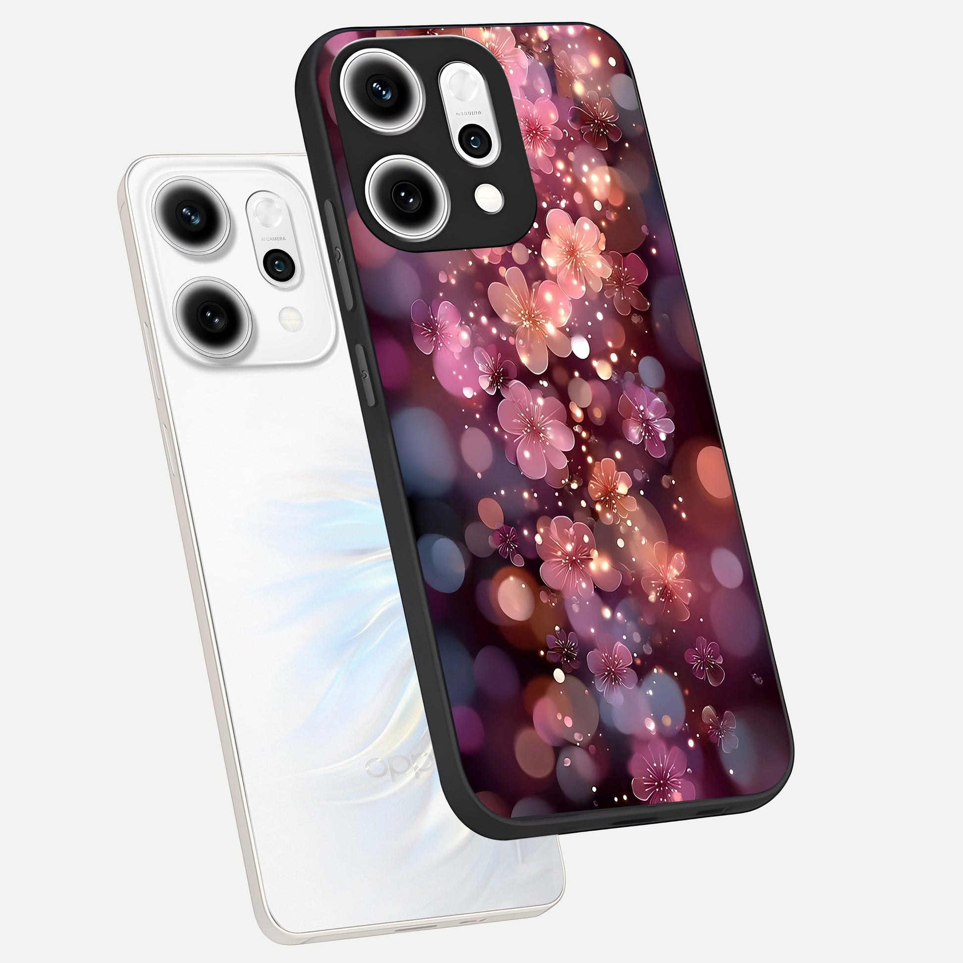  Glowing Petal Bliss phone case For Oppo Reno 14 Pro showing premium glass back cover with detailed artwork