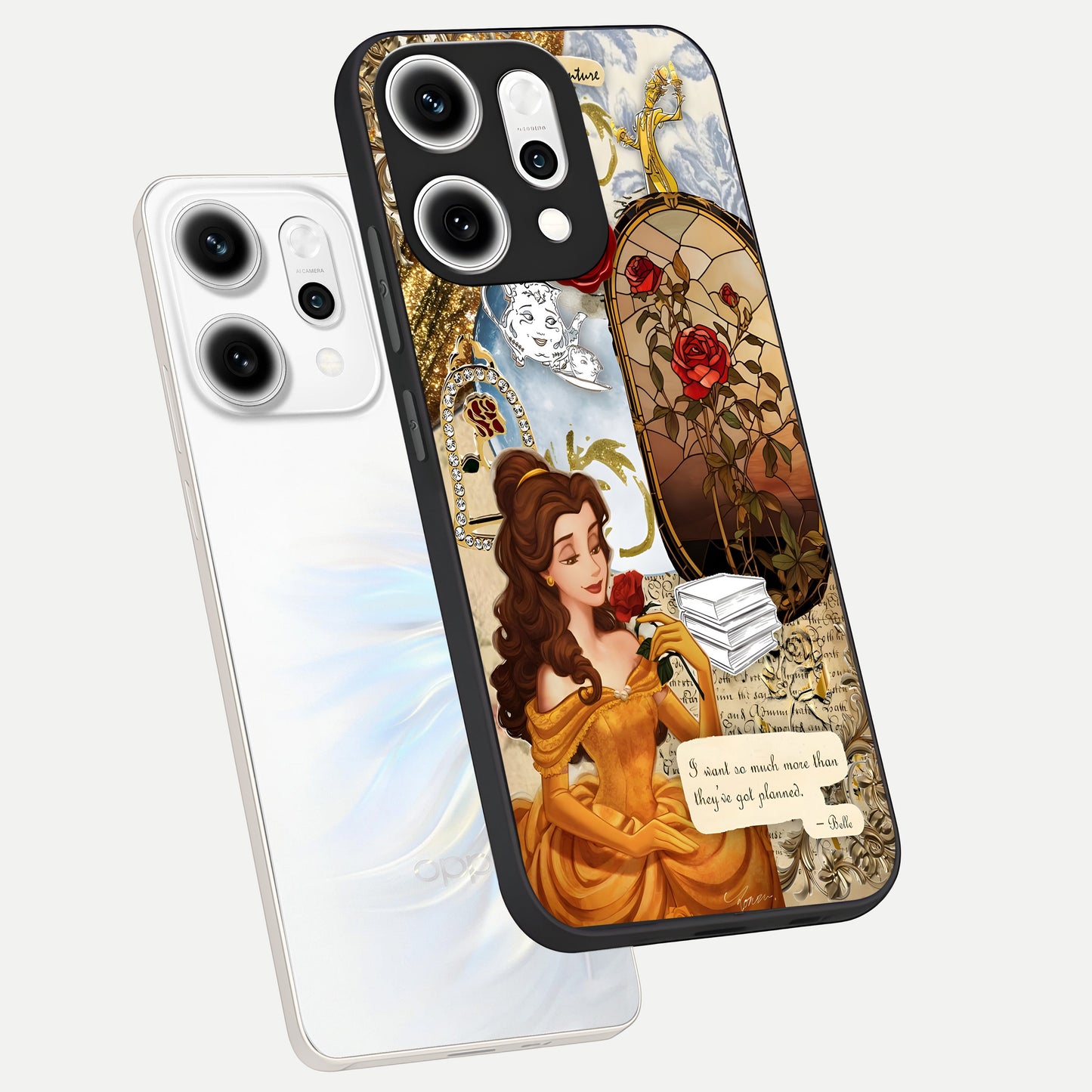 Golden Dream Belle phone case For Oppo Reno 14 Pro showing premium glass back cover with detailed artwork