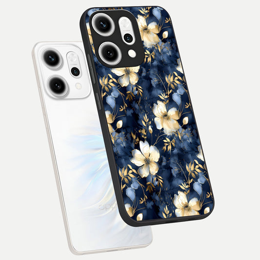  Golden Midnight Bloom phone case For Oppo Reno 14 Pro showing premium glass back cover with detailed artwork