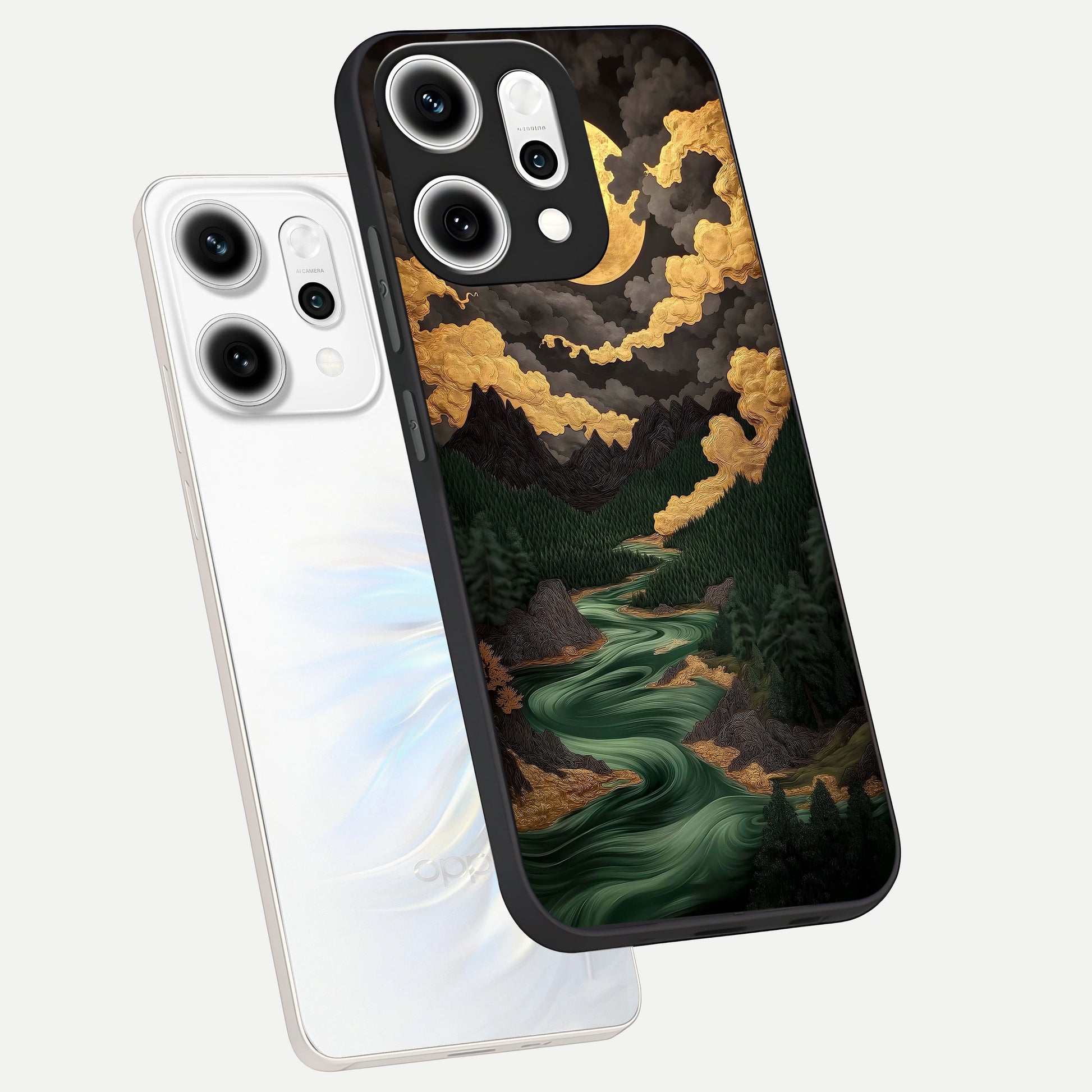  Golden River Moon phone case For Oppo Reno 14 Pro showing premium glass back cover with detailed artwork