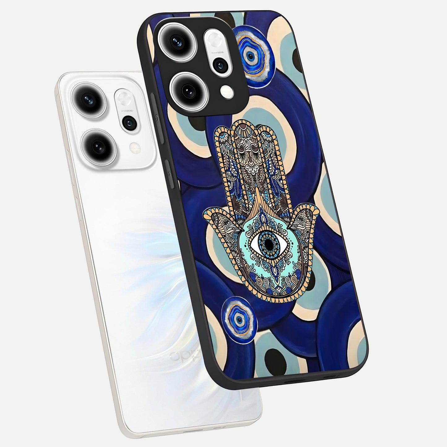  Hamsa Divine Guard phone case For Oppo Reno 14 Pro showing premium glass back cover with detailed artwork