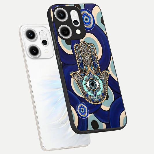  Hamsa Divine Guard phone case For Oppo Reno 14 Pro showing premium glass back cover with detailed artwork