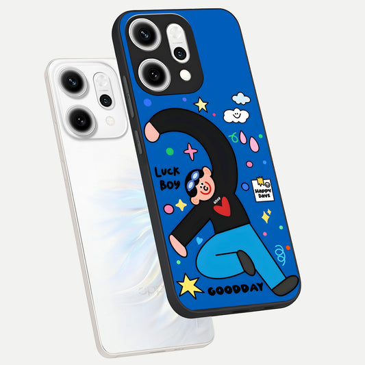 Happy Luck Vibe phone case For Oppo Reno 14 Pro showing premium glass back cover with detailed artwork