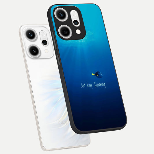  Just Keep Swimming phone case For Oppo Reno 14 Pro showing premium glass back cover with detailed artwork