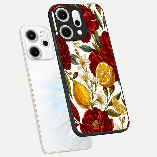 Lemon Rose Charm phone case For Oppo Reno 14 Pro showing premium glass back cover with detailed artwork