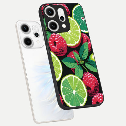  Lime and Raspberry Pattern phone case For Oppo Reno 14 Pro showing premium glass back cover with detailed artwork