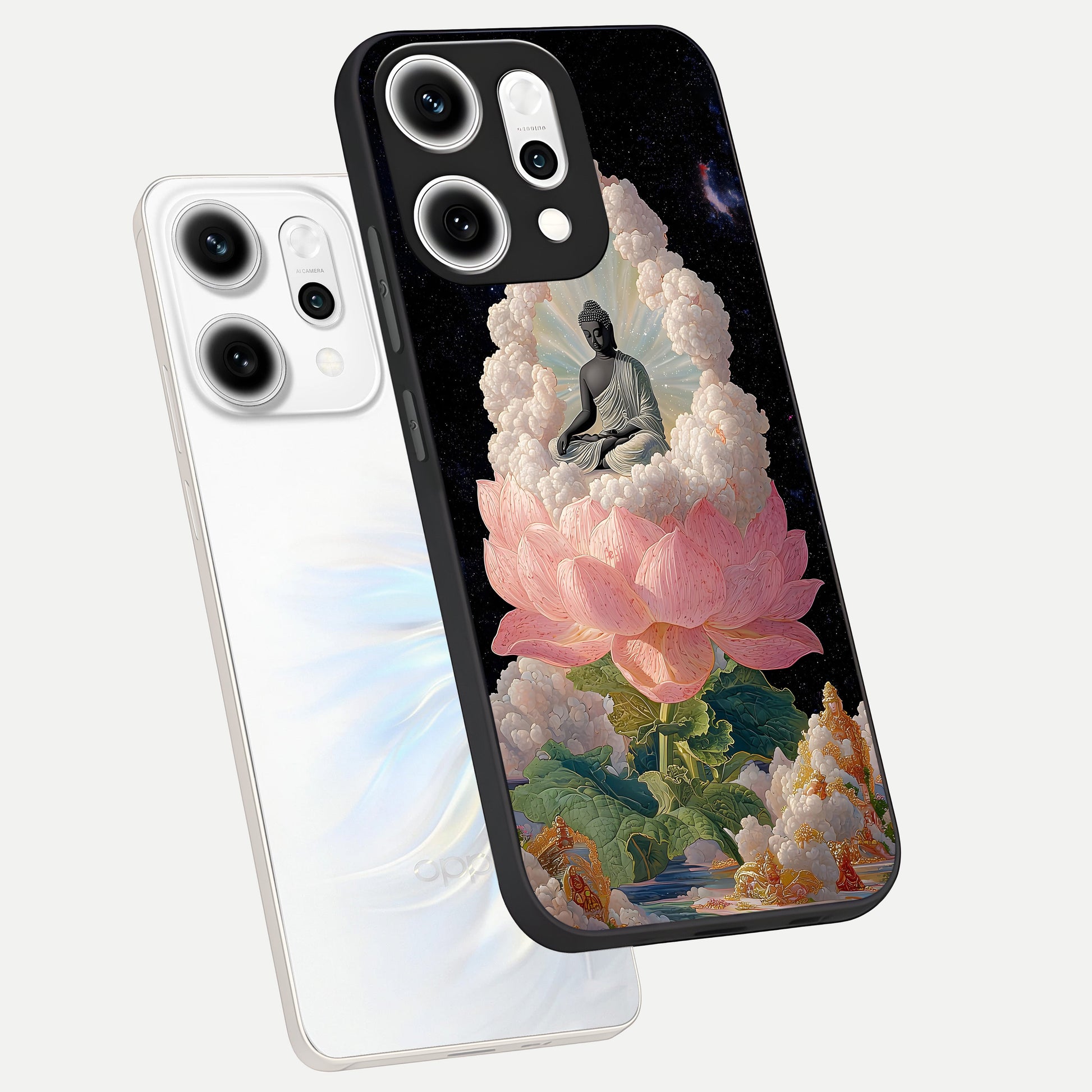  Lotus Divine Peace phone case For Oppo Reno 14 Pro showing premium glass back cover with detailed artwork