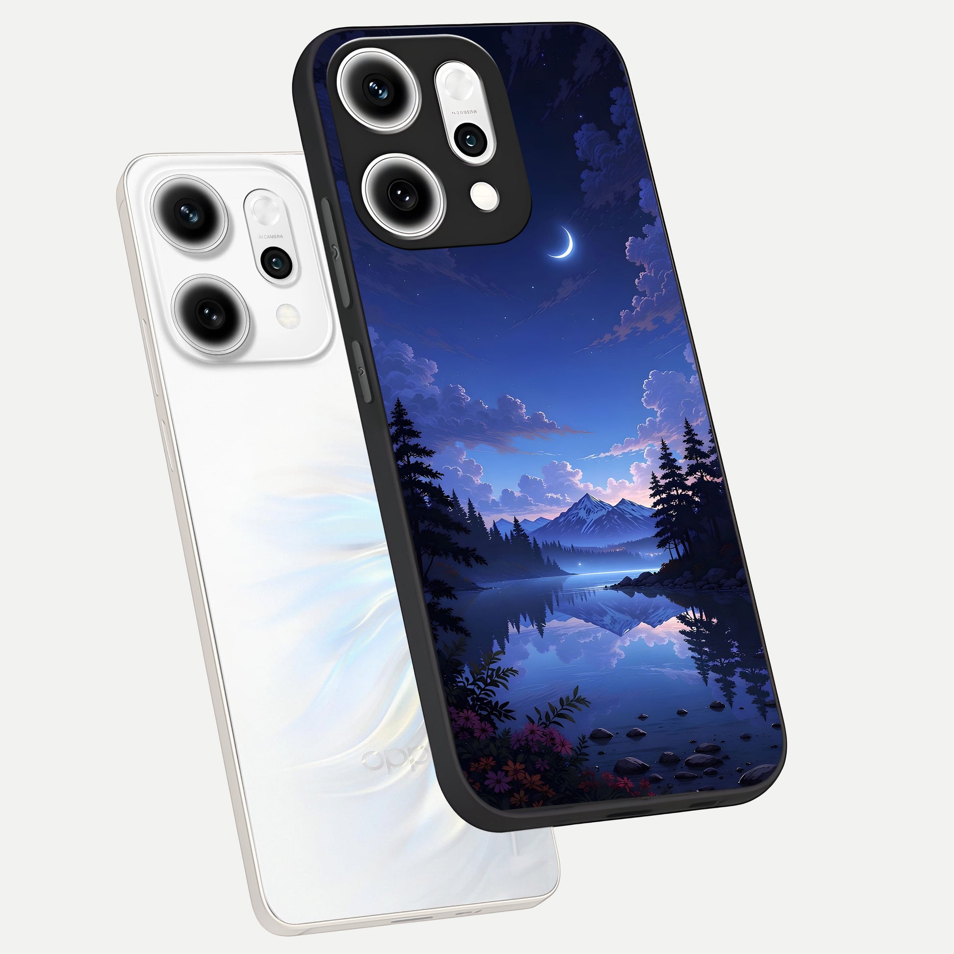  Midnight Lake Peace phone case For Oppo Reno 14 Pro showing premium glass back cover with detailed artwork