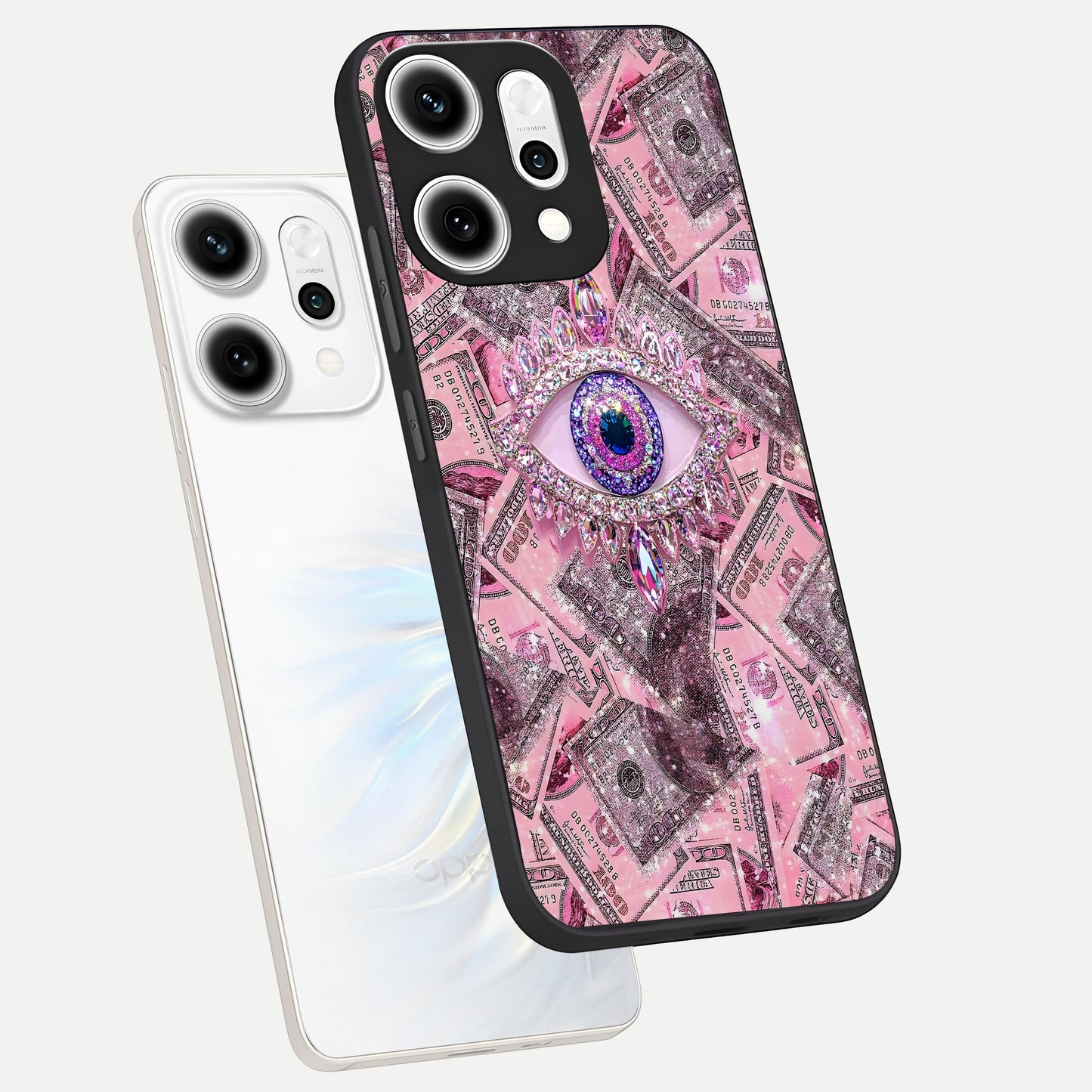  Money Eye Luxe phone case For Oppo Reno 14 Pro showing premium glass back cover with detailed artwork