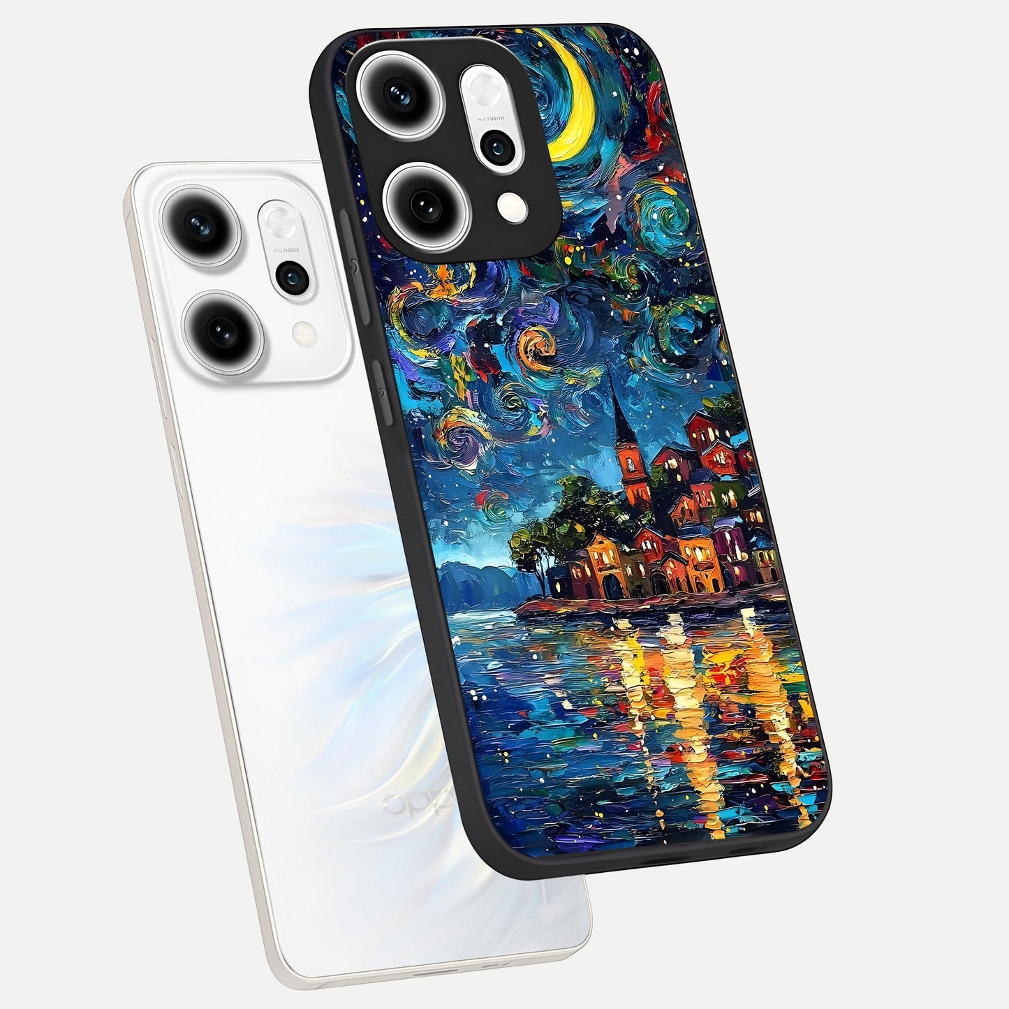  Moonlight Harbor Glow phone case For Oppo Reno 14 Pro showing premium glass back cover with detailed artwork