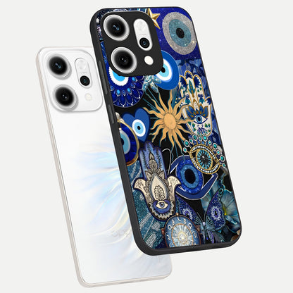  Mystic Blue Evil Eye phone case For Oppo Reno 14 Pro showing premium glass back cover with detailed artwork