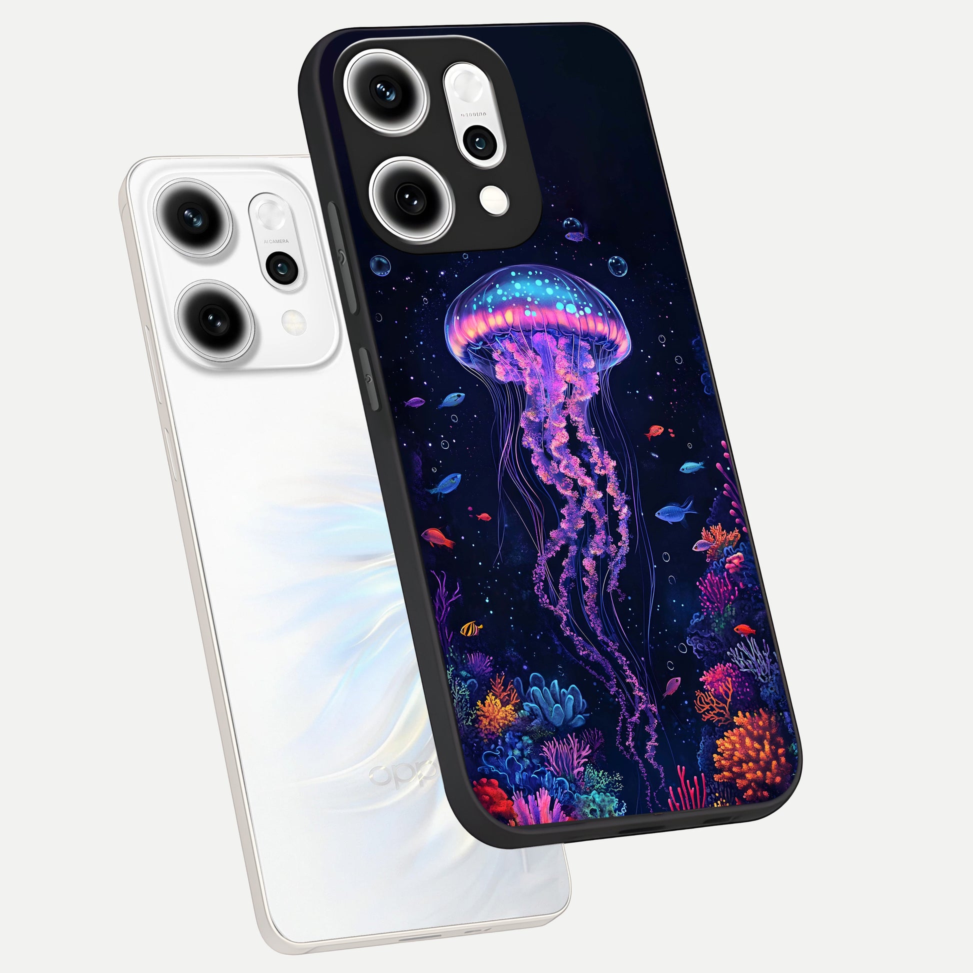  Neon Jellyfish phone case For Oppo Reno 14 Pro showing premium glass back cover with detailed artwork