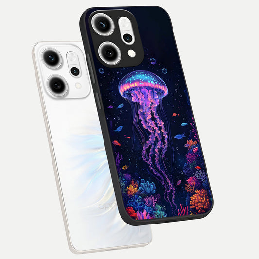  Neon Jellyfish phone case For Oppo Reno 14 Pro showing premium glass back cover with detailed artwork
