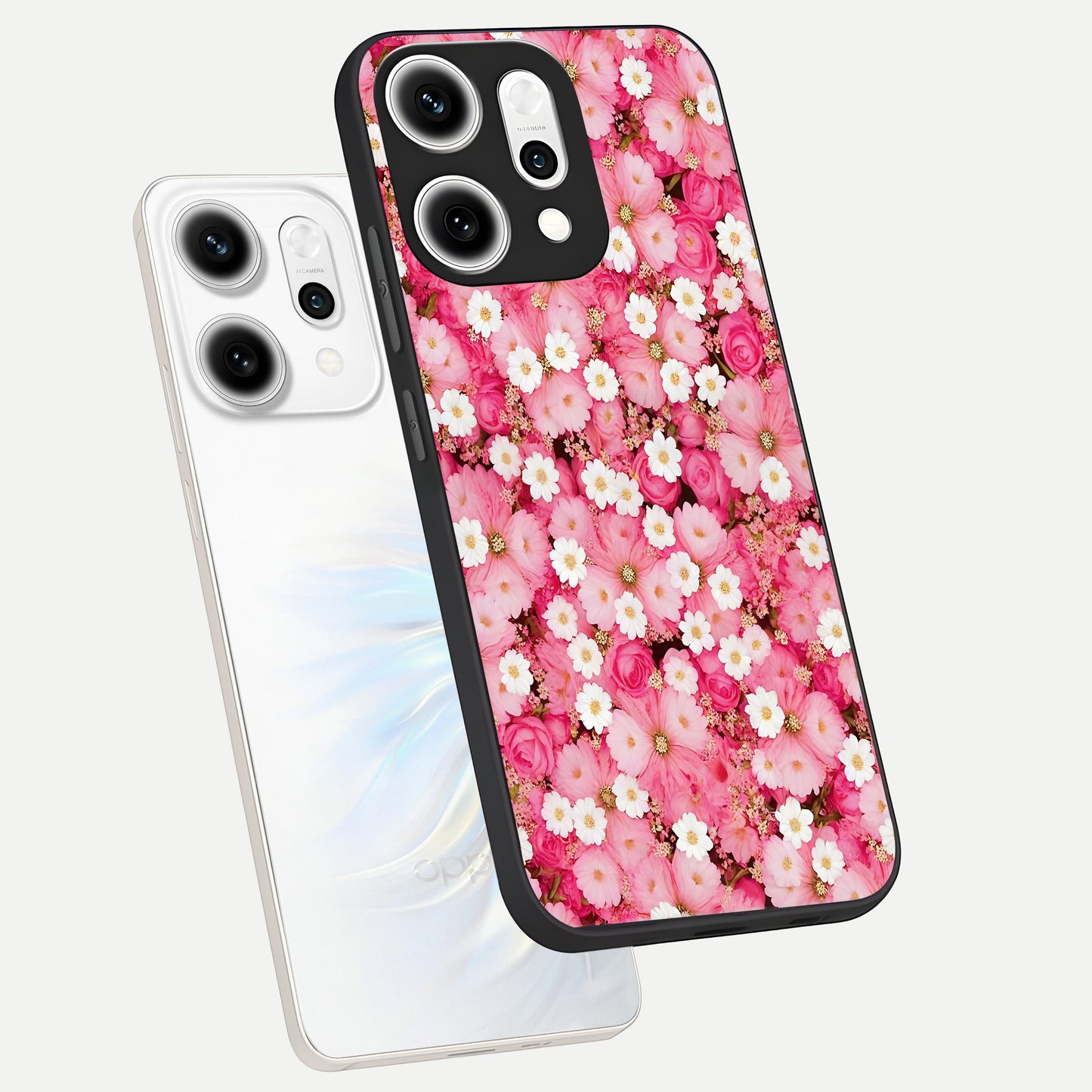  Pink Daisy Bliss phone case For Oppo Reno 14 Pro showing premium glass back cover with detailed artwork