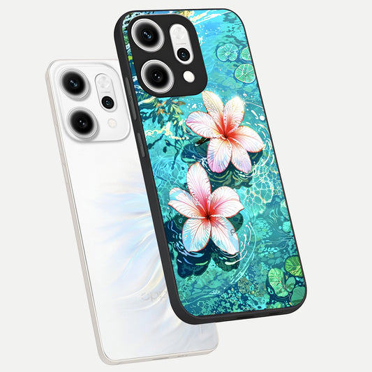  Pink Flowers in Water phone case For Oppo Reno 14 Pro showing premium glass back cover with detailed artwork