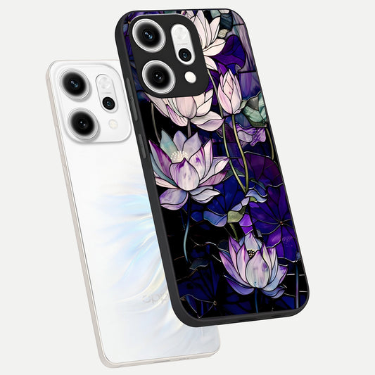  Purple Lotus Pattern phone case For Oppo Reno 14 Pro showing premium glass back cover with detailed artwork