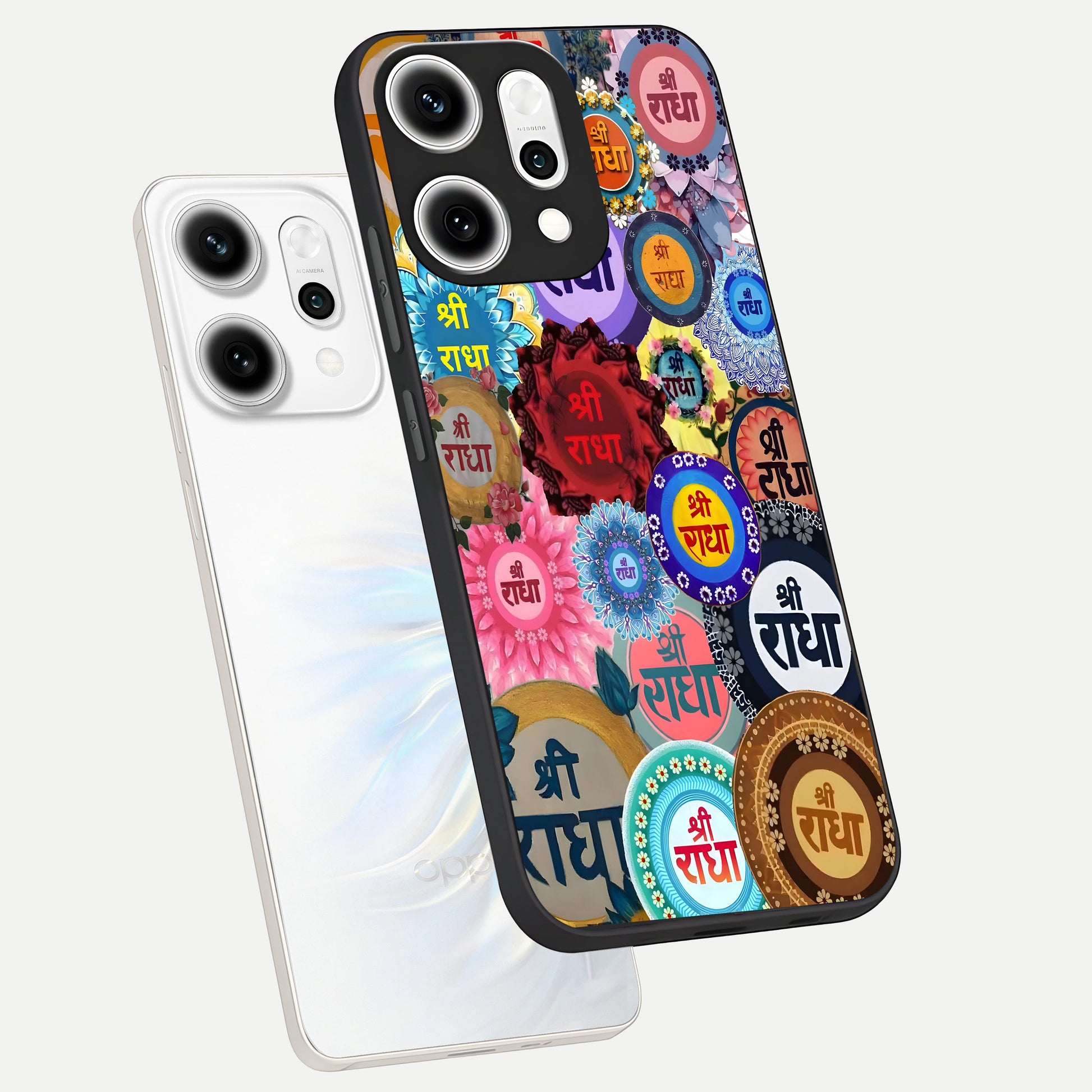  Radha Divine Bloom phone case For Oppo Reno 14 Pro showing premium glass back cover with detailed artwork