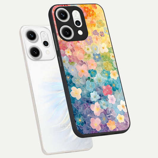  Rainbow Blossom Burst phone case For Oppo Reno 14 Pro showing premium glass back cover with detailed artwork