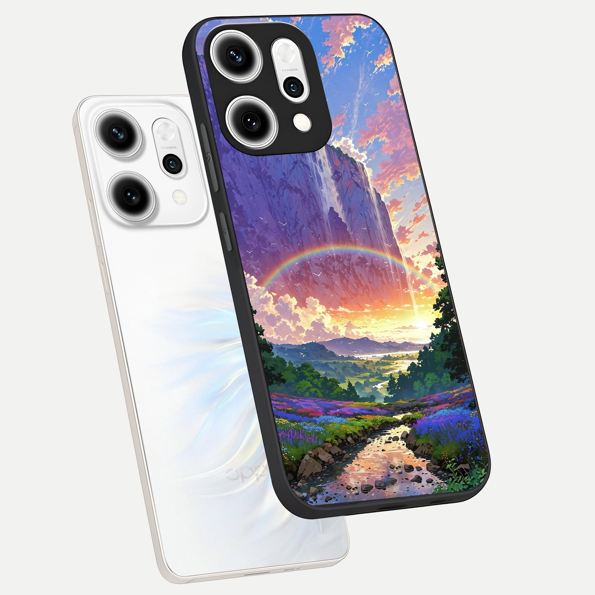  Rainbow Valley Dream phone case For Oppo Reno 14 Pro showing premium glass back cover with detailed artwork