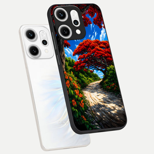  Red Trees Pathway phone case For Oppo Reno 14 Pro showing premium glass back cover with detailed artwork