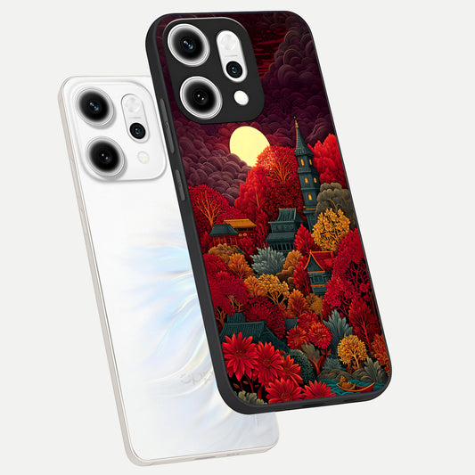  Scarlet Autumn Temple phone case For Oppo Reno 14 Pro showing premium glass back cover with detailed artwork