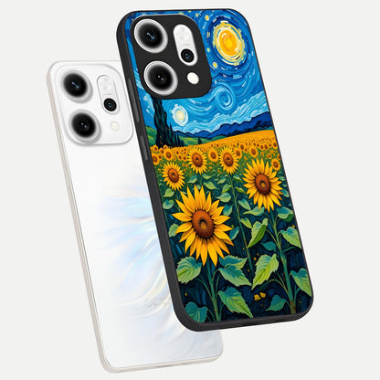  Starry Sunflower Dreams phone case For Oppo Reno 14 Pro showing premium glass back cover with detailed artwork
