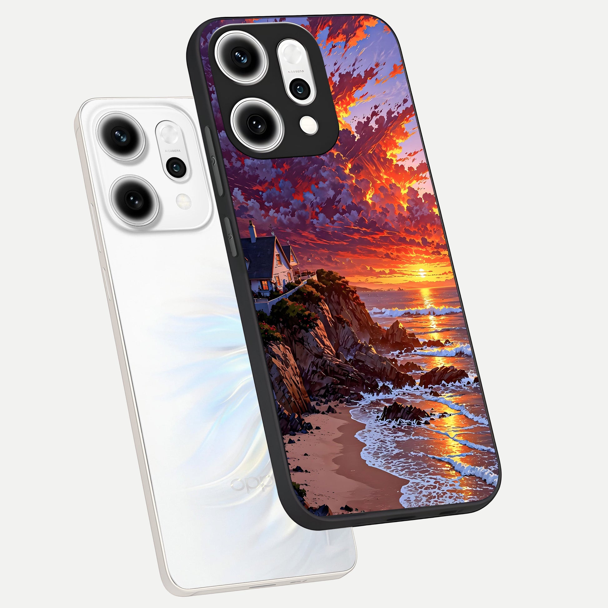  Sunset House By Sea phone case For Oppo Reno 14 Pro showing premium glass back cover with detailed artwork