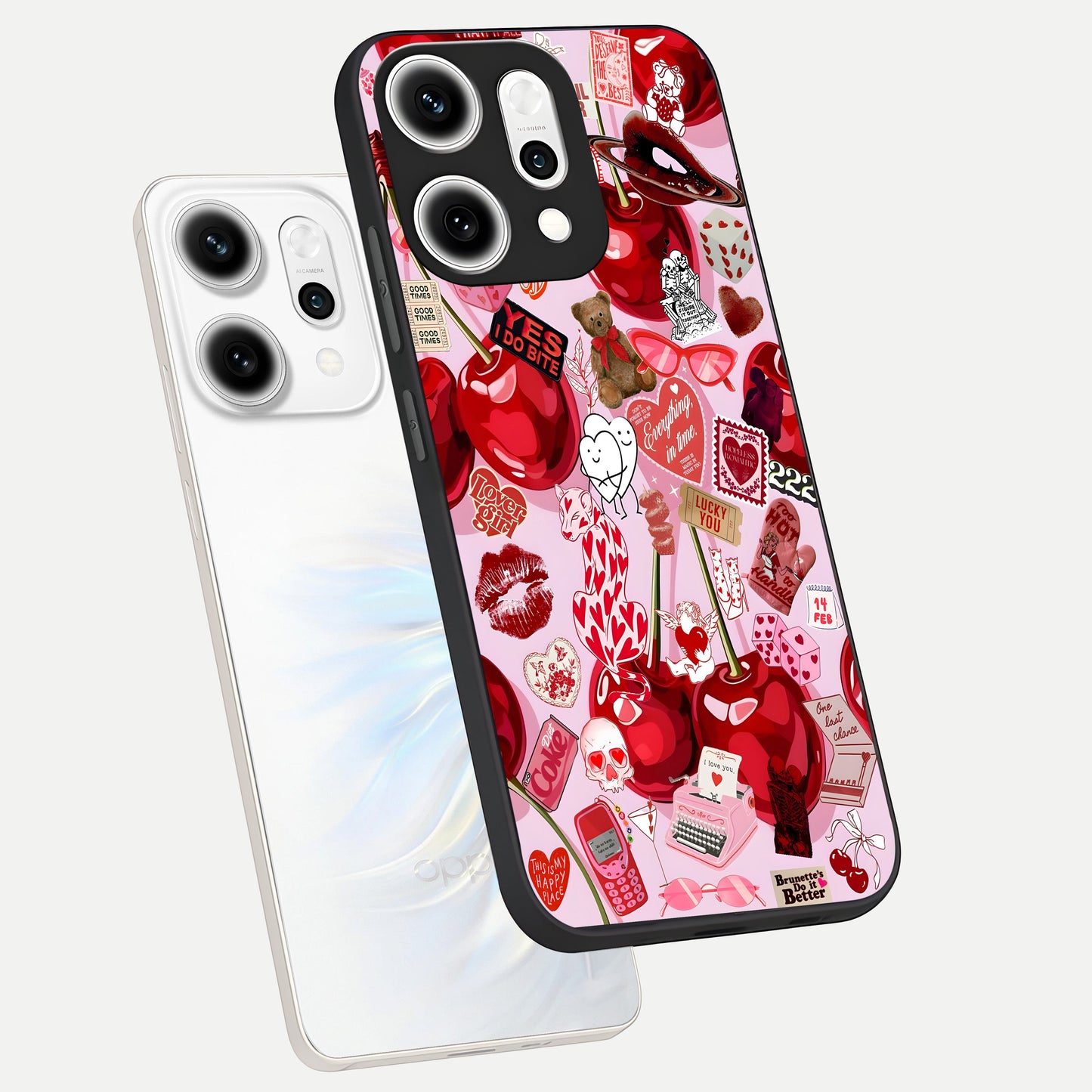 Sweet Cherry Chaos phone case For Oppo Reno 14 Pro showing premium glass back cover with detailed artwork
