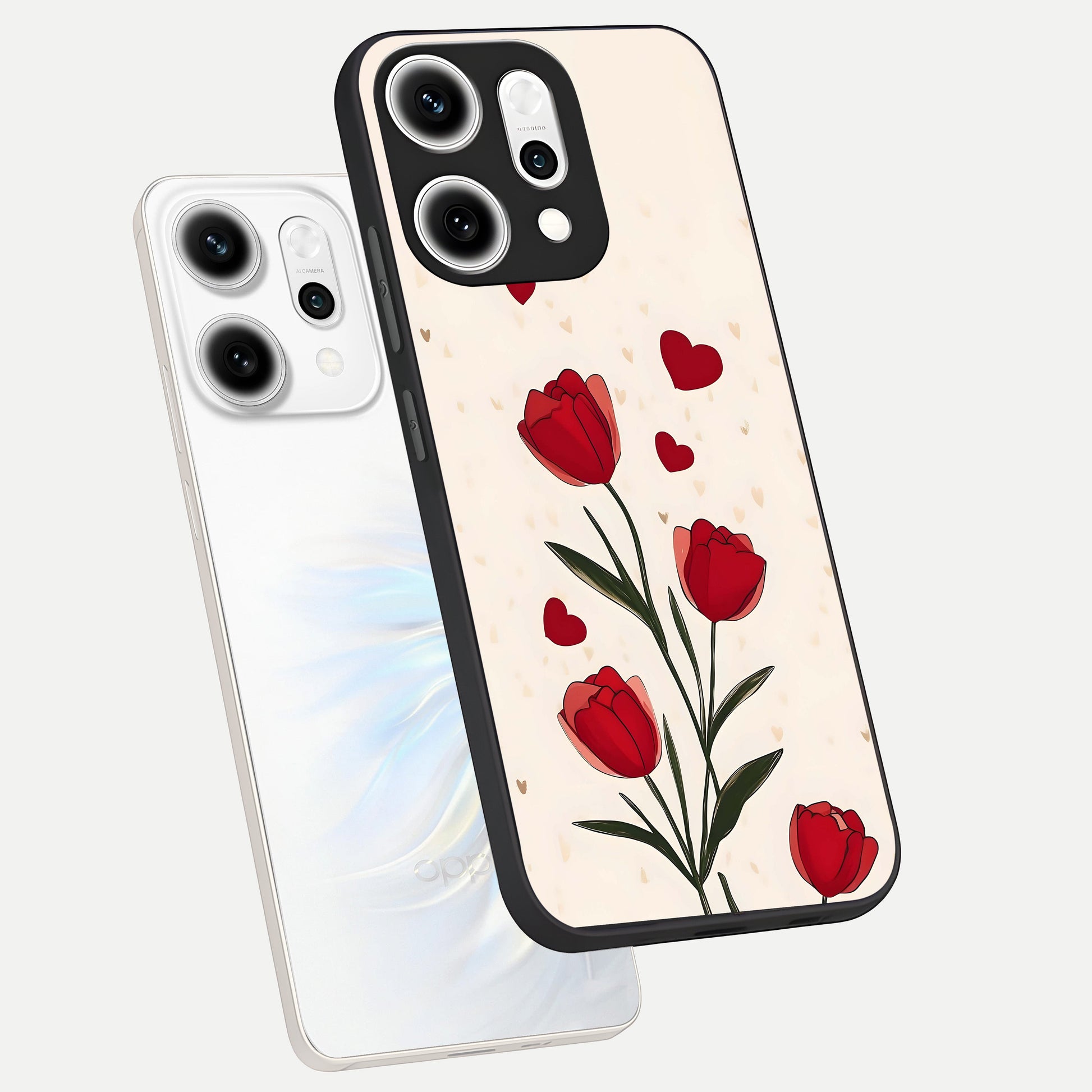  Tulip With Heart phone case For Oppo Reno 14 Pro showing premium glass back cover with detailed artwork