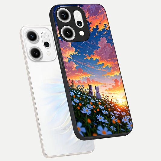  Two Cats Friends phone case For Oppo Reno 14 Pro showing premium glass back cover with detailed artwork