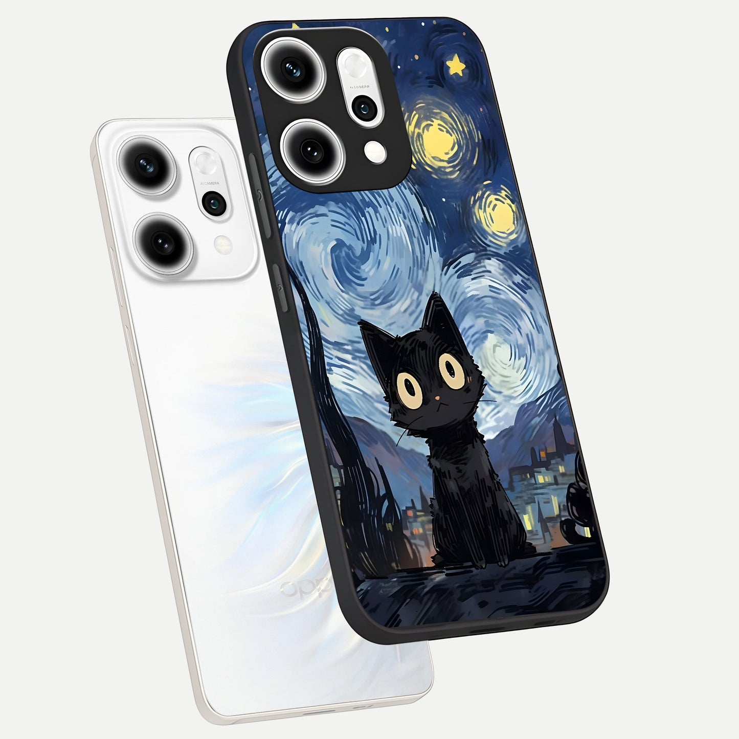  Van Gogh Cat phone case For Oppo Reno 14 Pro showing premium glass back cover with detailed artwork