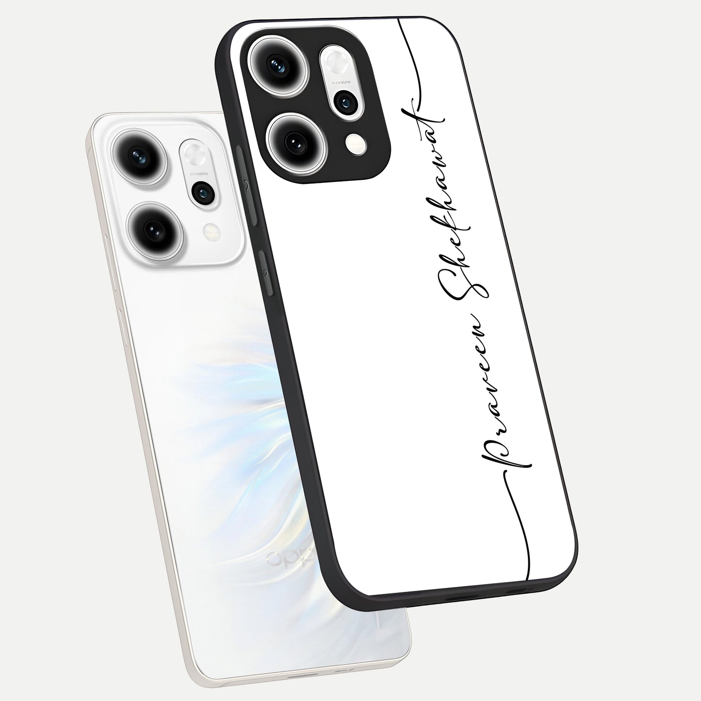  White Tune Custom Name phone case For Oppo Reno 14 Pro showing premium custom name glass back cover