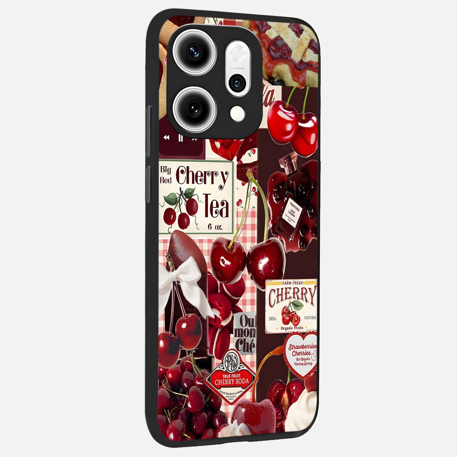  Aesthetic Cherry Tea back cover For Oppo Reno 14 Pro slim fit glass case with vibrant aesthetic design
