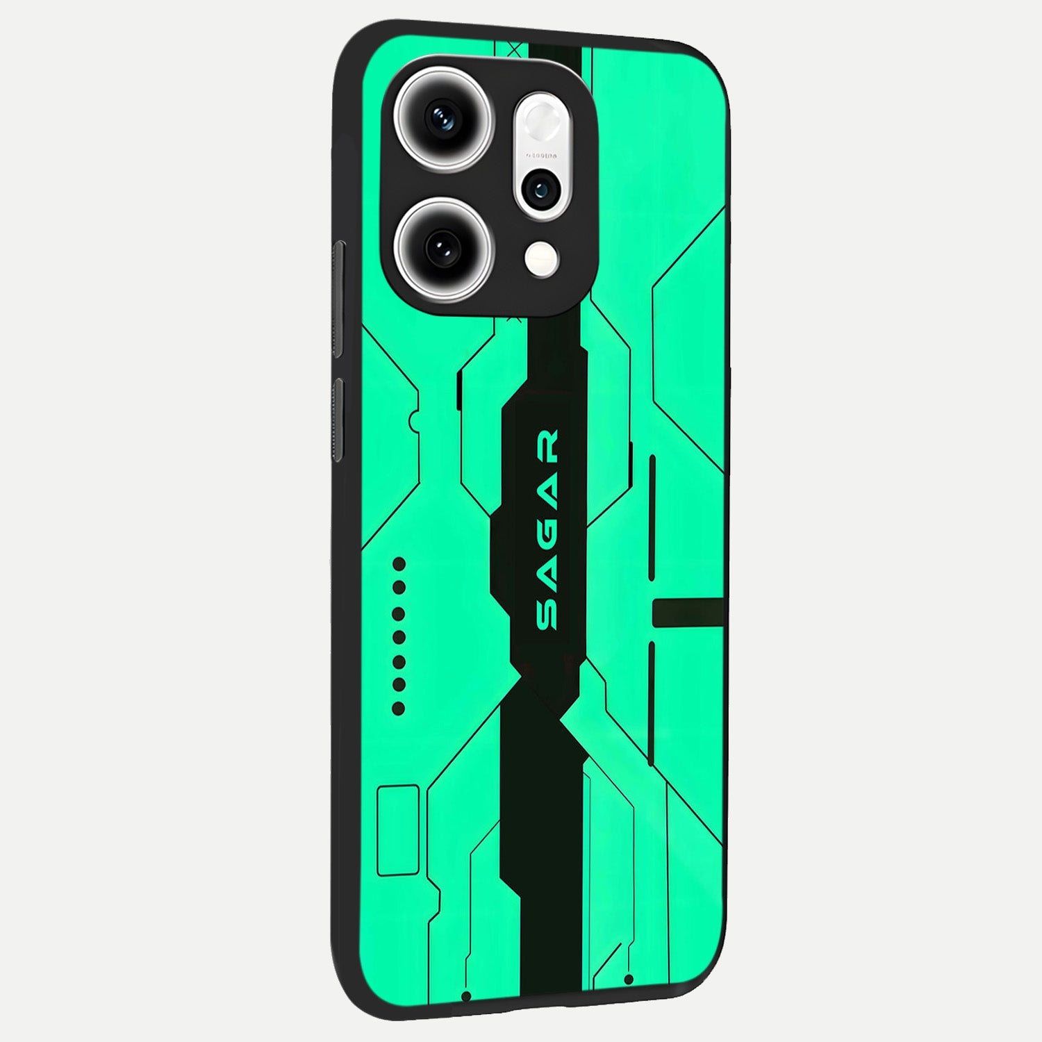  Aqua Tech CYBERPUNK Custom Name back cover For Oppo Reno 14 Pro slim fit glass case with vibrant aesthetic design