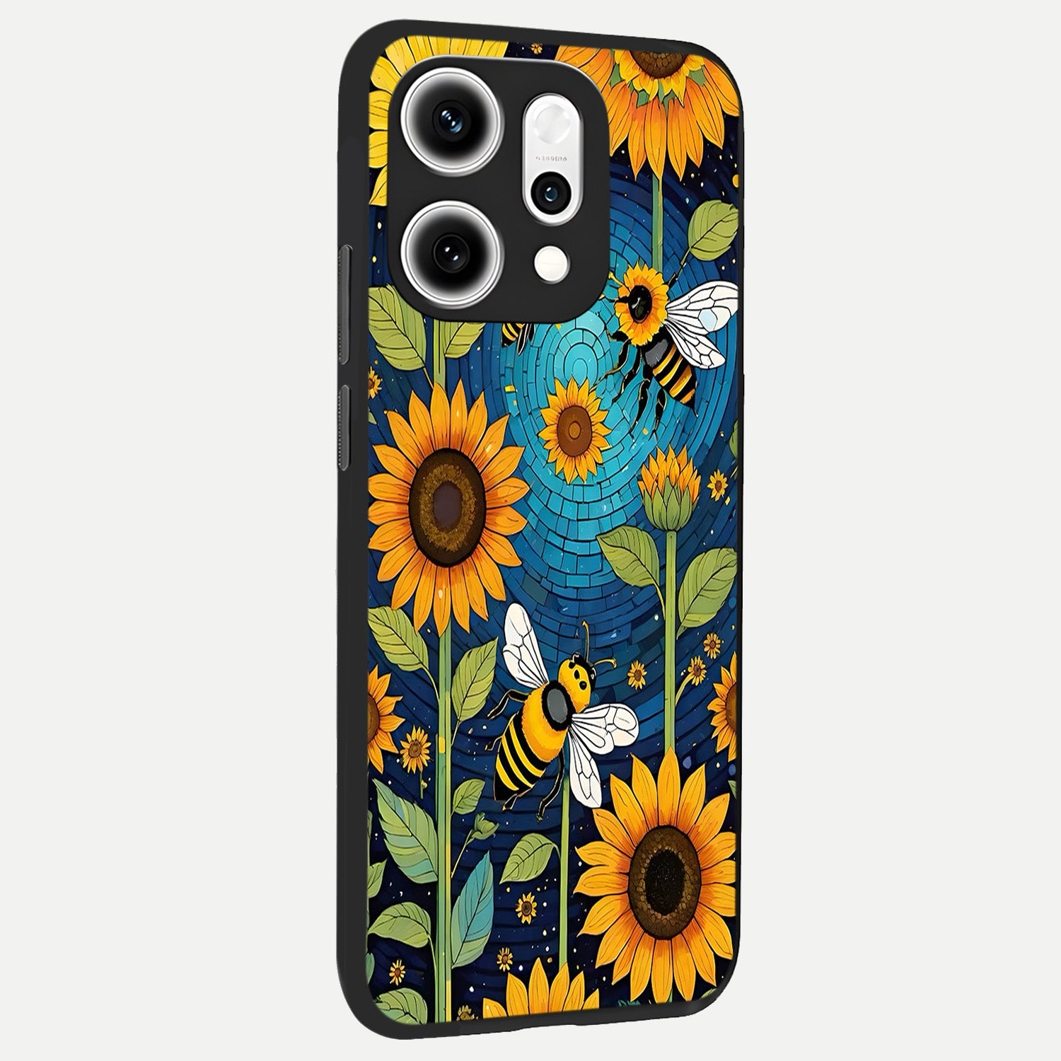  Bees And Sunflowers back cover For Oppo Reno 14 Pro slim fit glass case with vibrant aesthetic design