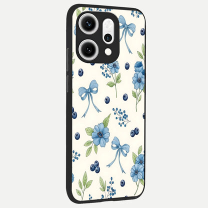  Blue Flower And Bow back cover For Oppo Reno 14 Pro slim fit glass case with vibrant aesthetic design
