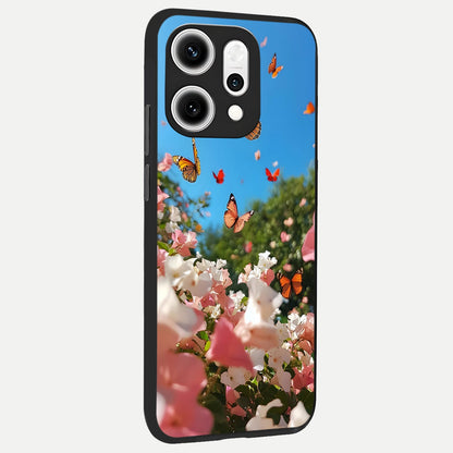  Butterflies In Bloom Sky back cover For Oppo Reno 14 Pro slim fit glass case with vibrant aesthetic design