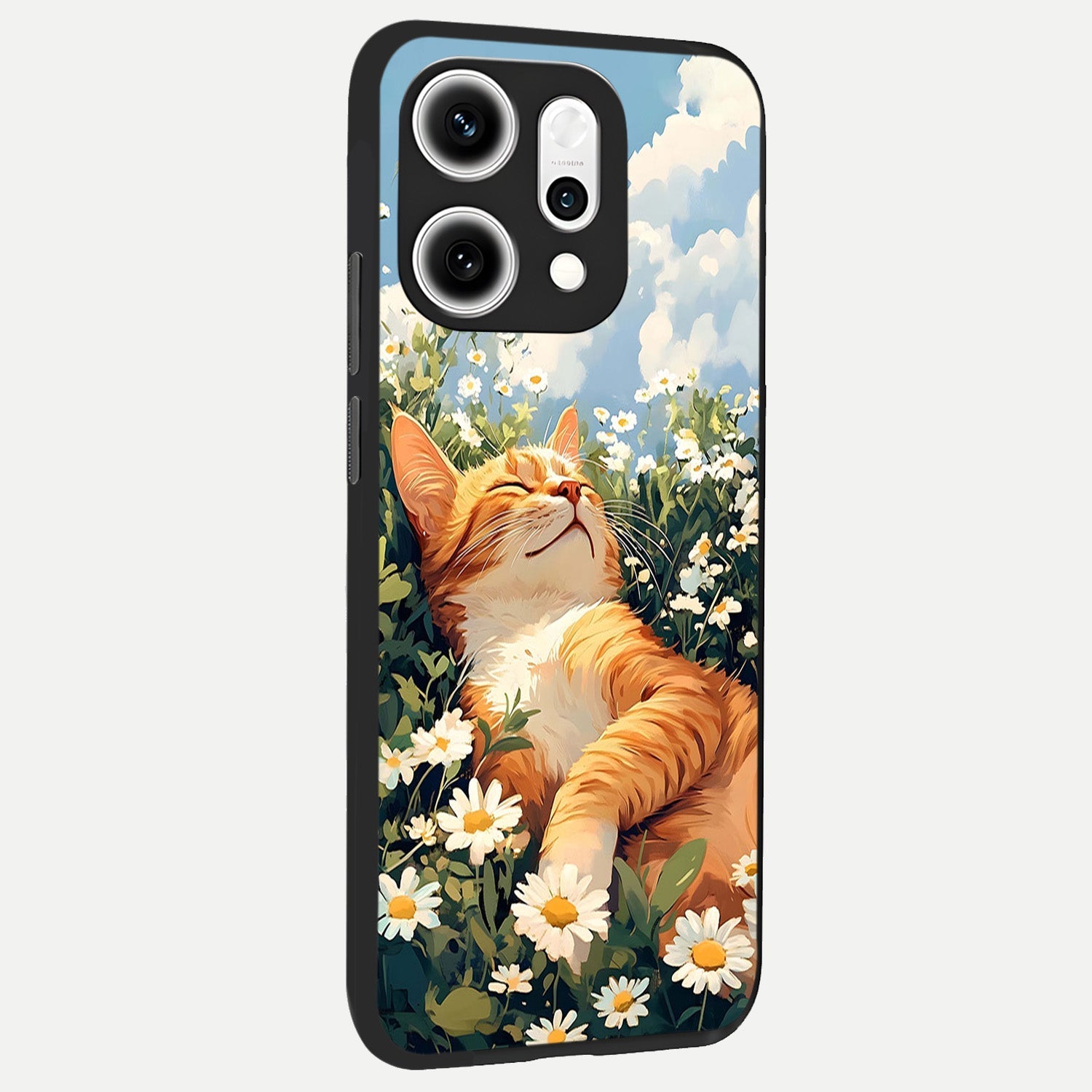  Cat And Flowers View back cover For Oppo Reno 14 Pro slim fit glass case with vibrant aesthetic design