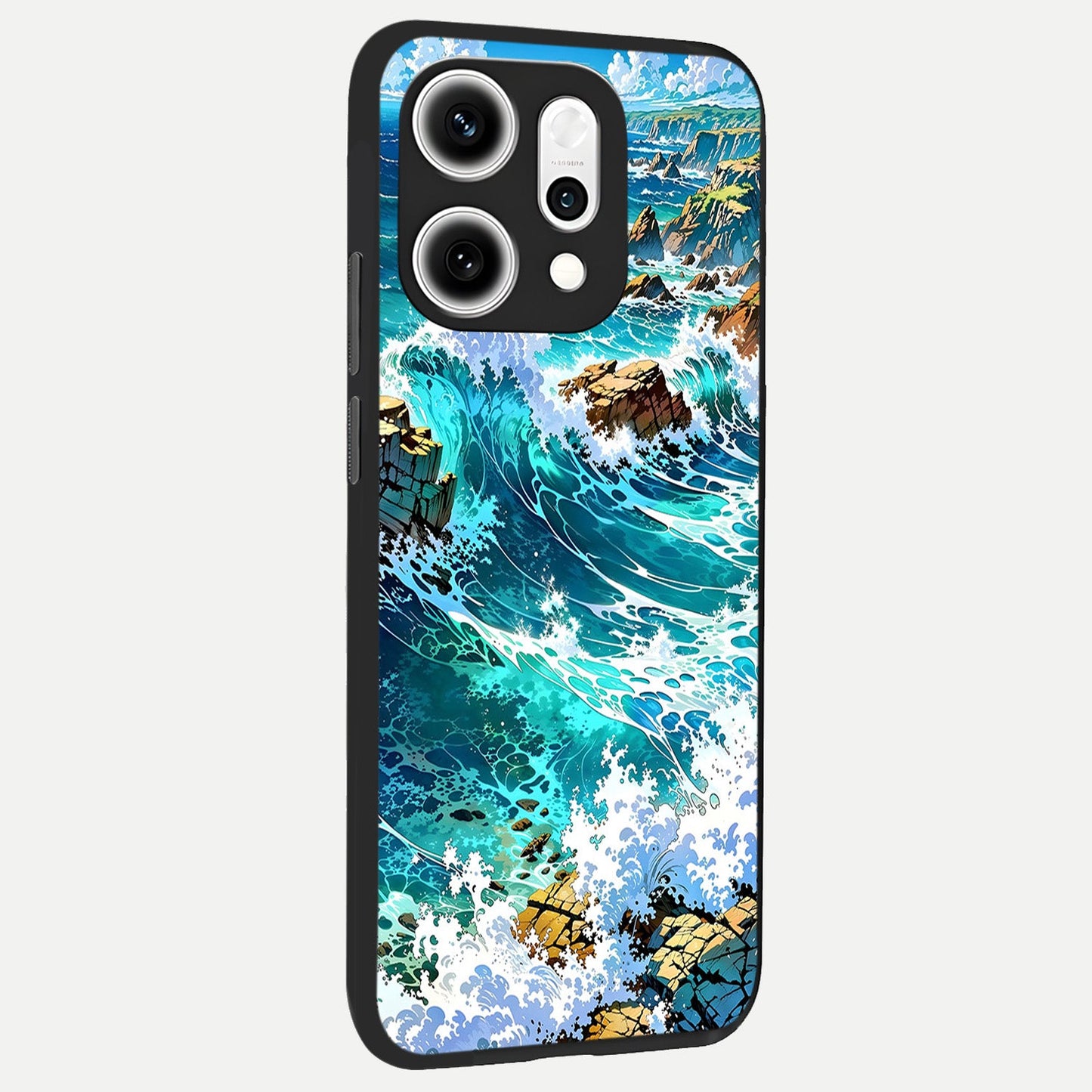  Coastal Blue Waves back cover For Oppo Reno 14 Pro slim fit glass case with vibrant aesthetic design