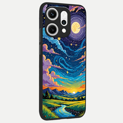  Dreamy Night Landscape back cover For Oppo Reno 14 Pro slim fit glass case with vibrant aesthetic design