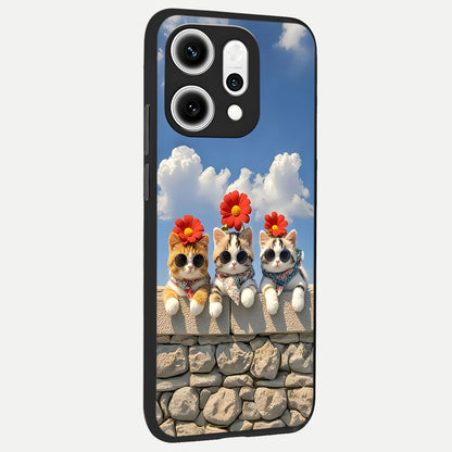  Floral Kitty Squad back cover For Oppo Reno 14 Pro slim fit glass case with vibrant aesthetic design