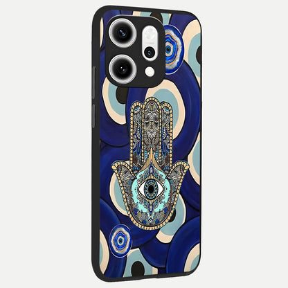  Hamsa Divine Guard back cover For Oppo Reno 14 Pro slim fit glass case with vibrant aesthetic design