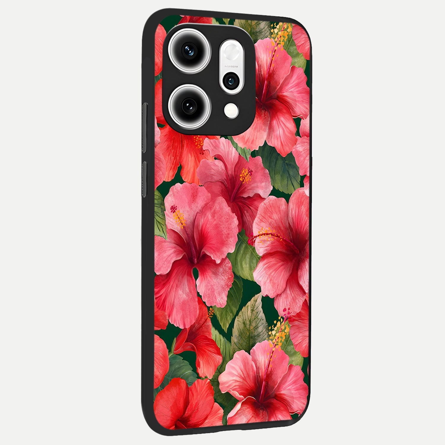  Hibiscus Pattern back cover For Oppo Reno 14 Pro slim fit glass case with vibrant aesthetic design