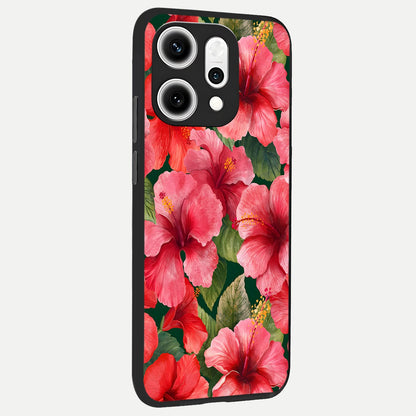  Hibiscus Pattern back cover For Oppo Reno 14 Pro slim fit glass case with vibrant aesthetic design