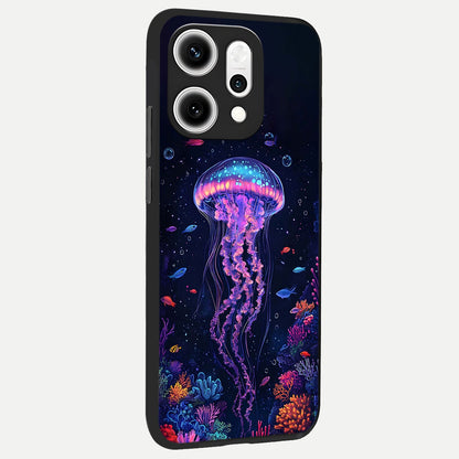  Neon Jellyfish back cover For Oppo Reno 14 Pro slim fit glass case with vibrant aesthetic design
