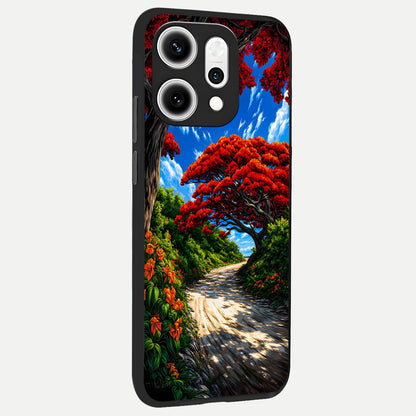  Red Trees Pathway back cover For Oppo Reno 14 Pro slim fit glass case with vibrant aesthetic design
