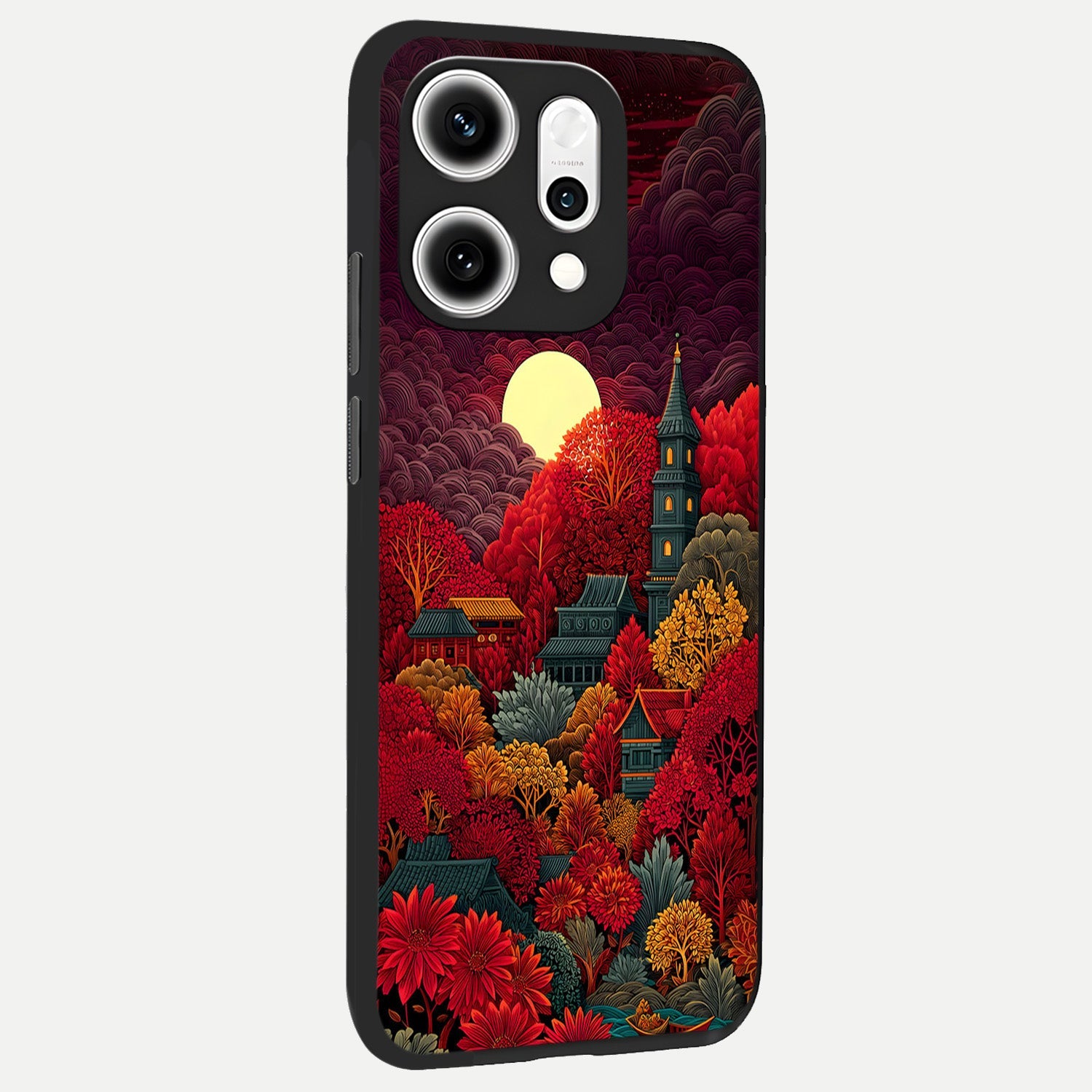  Scarlet Autumn Temple back cover For Oppo Reno 14 Pro slim fit glass case with vibrant aesthetic design