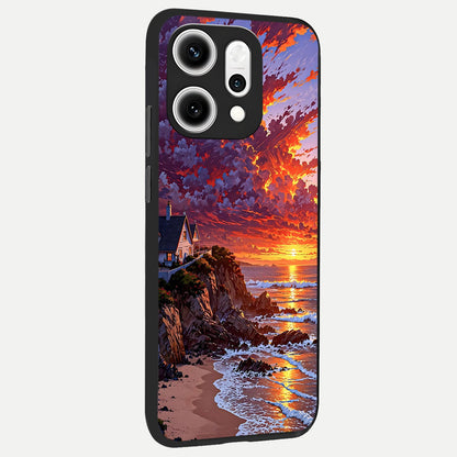  Sunset House By Sea back cover For Oppo Reno 14 Pro slim fit glass case with vibrant aesthetic design