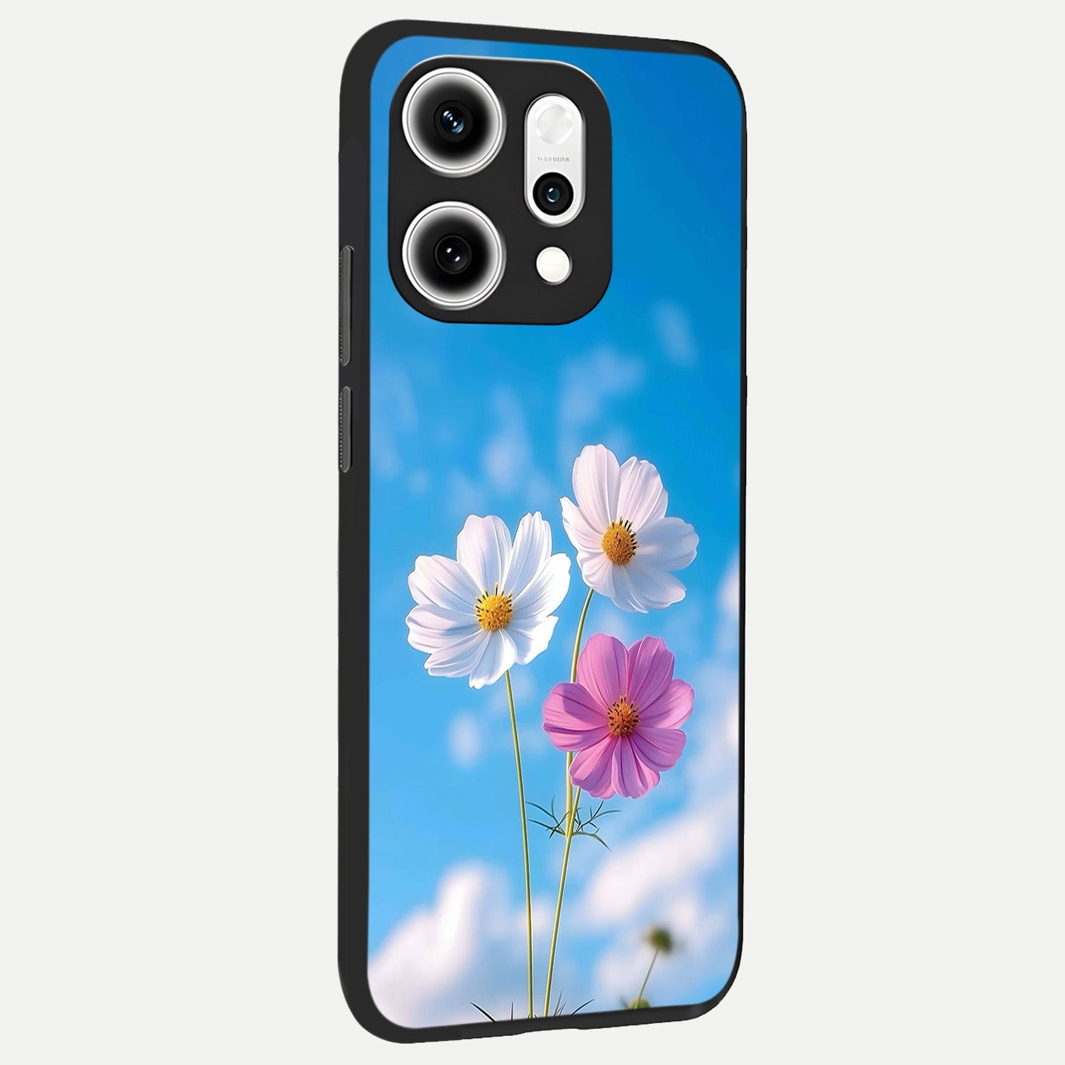  Tripple Flowers With Sky back cover For Oppo Reno 14 Pro slim fit glass case with vibrant aesthetic design